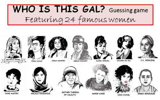 Ilustración de un cartel de un juego de adivinanzas titulado "¿Quién es esa chica?" con dibujos estilizados de 24 mujeres famosas, incluidas Michelle Obama, Frida Kahlo y J.K. Rowling.