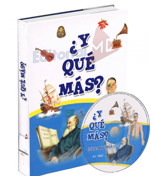 Un libro titulado "¿Y Qué Más? Pasa En El Mundo y Los Humanos" con un colorido collage de imágenes e íconos históricos, incluidos barcos y personajes famosos, en la portada. El texto del subtítulo incluye un número ISBN.