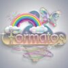 Gráfico iridiscente con la palabra "Formatos" en letras pastel brillantes, decorado con un arco iris, nubes, una mariposa holográfica, destellos y salpicaduras metálicas fluidas, todo sobre un fondo de degradado suave.