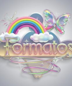 Gráfico iridiscente con la palabra "Formatos" en letras pastel brillantes, decorado con un arco iris, nubes, una mariposa holográfica, destellos y salpicaduras metálicas fluidas, todo sobre un fondo de degradado suave.