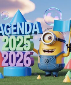 Un alegre Minion sostiene una bandera azul junto a un colorido texto en 3D en el que se lee "AGENDA 2025 2026" sobre un campo cubierto de hierba con formas geométricas y burbujas flotantes de fondo.