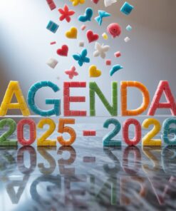 Sobre una superficie de mármol aparecen letras de colores que rezan "AGENDA 2025-2026", hechas con terrones de azúcar, y desde arriba caen caramelos de distintas formas (corazones, estrellas, mariposas). Una luz brillante brilla desde la izquierda.