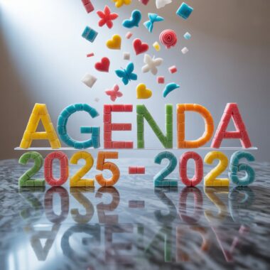 Sobre una superficie de mármol aparecen letras de colores que rezan "AGENDA 2025-2026", hechas con terrones de azúcar, y desde arriba caen caramelos de distintas formas (corazones, estrellas, mariposas). Una luz brillante brilla desde la izquierda.