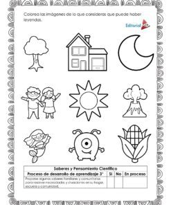Página para colorear en blanco y negro con un árbol, una casa, la luna, el sol, una nube, dos niños, una niña con falda, un monstruo tuerto y maíz. Borde decorativo y texto en español a juego con el Cuadernillo de Trabajo Investigamos Leyendas Para Preescolar.