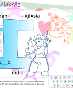 Una colorida pantalla de juego educativo para enseñar palabras en español y mejorar las habilidades de lectoescritura. Presenta imágenes de un imán (imán), una iglesia (iglesia) y un indígena (indio) sosteniendo un arco. Hay espacios en blanco para completar las letras que faltan, con un teclado y botones de navegación en la parte inferior se encuentra ABC Palabras.