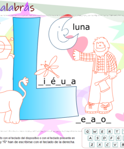 La pantalla educativa ABC Palabras se centra en la lectoescritura. A cada imagen le faltan letras por completar: libro (libro), luna (luna), libélula (libélula), león (león), oso (oso). Los botones interactivos, el teclado y los indicadores de progreso están visibles a la derecha.
