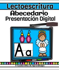 Portada de presentación digital para enseñar el abecedario en español, con las palabras "Lectoescritura Abecedario Presentación Digital" y una ilustración de un ángel junto a la letra A y dos campanillas rosas.