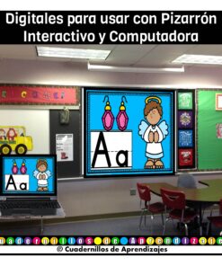 Un aula con pupitres, un ordenador portátil y una pizarra digital que muestra la imagen de un ángel, la letra A y lámparas rosas. El texto dice: 