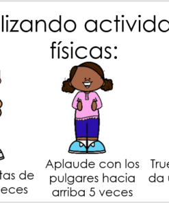 Ilustración de tres niñas realizando diferentes actividades físicas con texto en español: tocarse los dedos de los pies, aplaudir y pisar fuerte, proporcionada por Actividades Físicas para niños.