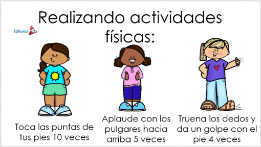 Ilustración de tres niñas realizando diferentes actividades físicas con texto en español: tocarse los dedos de los pies, aplaudir y pisar fuerte, proporcionada por Actividades Físicas para niños.