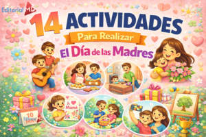 Colorida ilustración con el texto "14 actividades para realizar el Día de las Madres", que muestra a madres e hijos celebrando, haciendo manualidades, horneando, dando regalos y disfrutando de ideas del día de la madre como dibujar y tocar música juntos.