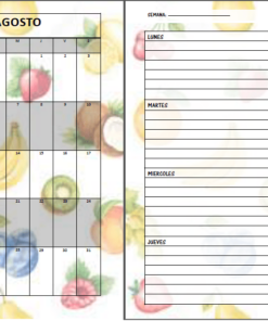 Un diseño de doble página con un calendario de agosto a la izquierda, decorado con imágenes de frutas y marcadores de días en español (l, m, x, j, v, s), y una agenda semanal en las Agendas Escolares.