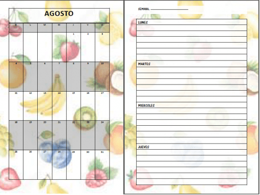 Un diseño de doble página con un calendario de agosto a la izquierda, decorado con imágenes de frutas y marcadores de días en español (l, m, x, j, v, s), y una agenda semanal en las Agendas Escolares.