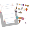Un diagrama de un diseño armable del Altar de muertos con varios ofrecimientos y decoración, que incluyen velas, calaveras de azúcar, comida, bebidas, flores de caléndula, un quemador de incienso, un crucifijo, papel picado y una manta.