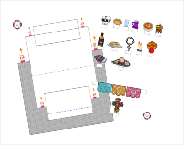 Un diagrama de un diseño armable del Altar de muertos con varios ofrecimientos y decoración, que incluyen velas, calaveras de azúcar, comida, bebidas, flores de caléndula, un quemador de incienso, un crucifijo, papel picado y una manta.
