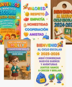 Collage de carteles de colores para dar la bienvenida a los alumnos al nuevo curso escolar, con frases sobre valores, un profesor de dibujos animados en un aula y alegres adornos de temática escolar.
