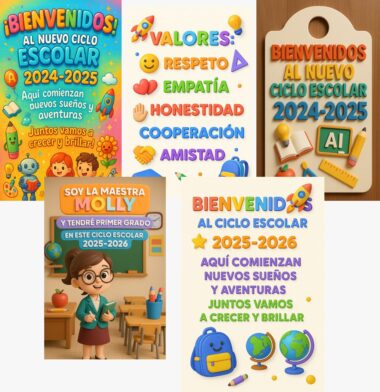 Collage de carteles de colores para dar la bienvenida a los alumnos al nuevo curso escolar, con frases sobre valores, un profesor de dibujos animados en un aula y alegres adornos de temática escolar.
