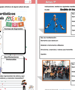 Dos vistosas fichas de trabajo para el alumno sobre los lenguajes artísticos de México. La página izquierda tiene apartados para rellenar sobre cultura, ubicación, materiales, formas de expresión y manifestaciones destacadas. La página derecha analiza tres manifestaciones artísticas con imágenes.