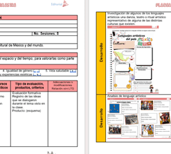 Plan de clase de dos páginas en español para lengua y literatura. Las páginas incluyen tablas, imágenes prediseñadas en color de tarros y personas, campos de texto para objetivos, estrategias, recursos y métodos de evaluación. Se muestran recursos educativos.