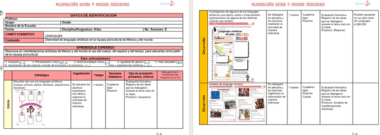 Plan de clase de dos páginas en español para lengua y literatura. Las páginas incluyen tablas, imágenes prediseñadas en color de tarros y personas, campos de texto para objetivos, estrategias, recursos y métodos de evaluación. Se muestran recursos educativos.