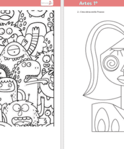 Dos páginas para colorear: la de la izquierda muestra un grupo de monstruos de dibujos animados con diversas expresiones, mientras que la de la derecha presenta un retrato abstracto de una mujer al estilo de Picasso.