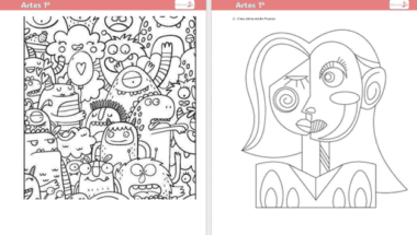 Dos páginas para colorear: la de la izquierda muestra un grupo de monstruos de dibujos animados con diversas expresiones, mientras que la de la derecha presenta un retrato abstracto de una mujer al estilo de Picasso.