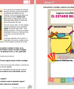 Dos coloridas páginas en español: la primera presenta un cuento titulado 