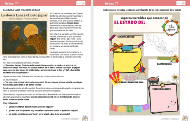 Dos coloridas páginas en español: la primera presenta un cuento titulado "La abuela Luna y el nieto jaguar"; la segunda invita a investigar sobre el estado, con secciones sobre cultura, comida, festivales y lugares famosos, además de espacios en blanco para escribir.
