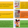 Infografía con seis recuadros de texto y tres ilustraciones sobre educación. Los textos explican la organización, formación y condiciones laborales de maestras y maestros, así como la provisión de recursos educativos y programas oficiales.