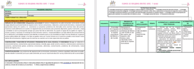 Dos páginas de un documento escolar con cuadros estructurados, encabezamientos y texto en español en el que se esboza un programa educativo, objetivos de aprendizaje, criterios de evaluación y actividades para los alumnos.