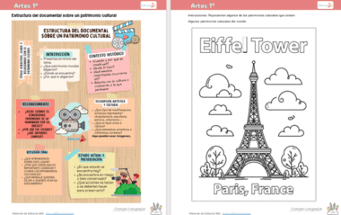 Dos páginas de cuaderno didáctico: una explica la estructura documental con iconos de colores y texto en español, y la otra muestra un dibujo en blanco y negro de la Torre Eiffel rotulado "París, Francia" para colorear.
