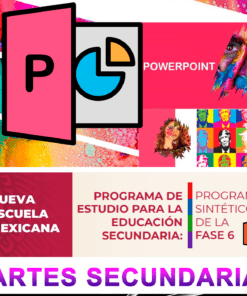 Collage con un logotipo de PowerPoint, retratos estilizados y diseños geométricos vibrantes. El texto dice "Programa de Estudio para la Educación Secundaria: Programa Sintético de la Fase 6" y "Nueva Escuela Mexicana: Artes Secundaria NEM 2024 – 2025". Ideal para estudiantes de primer año de secundaria, esto es parte del Paquete PowerPoint Artes 1° Grado Secundaria Ciclo Completo NEM 2024 – 2025.