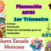 Colorido cartel educativo para artes de 1er grado, 1er trimestre, con materiales para pintar, una niña tocando la guitarra y logotipos de Nueva Escuela Mexicana y SEP. Texto destaca hojas de planeación y actividades.