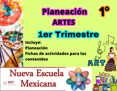 Colorido cartel educativo para artes de 1er grado, 1er trimestre, con materiales para pintar, una niña tocando la guitarra y logotipos de Nueva Escuela Mexicana y SEP. Texto destaca hojas de planeación y actividades.