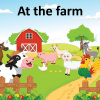 Ilustración colorida de escenas de granja con un granero rojo, varios animales de granja, incluidas vacas, cerdos, cabras, ovejas, gallos y polluelos, con un telón de fondo de campos verdes y un cielo azul. El texto lee "En las granjas" con Recurso de clase: Animales y frutas.
