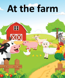 Ilustración colorida de escenas de granja con un granero rojo, varios animales de granja, incluidas vacas, cerdos, cabras, ovejas, gallos y polluelos, con un telón de fondo de campos verdes y un cielo azul. El texto lee 