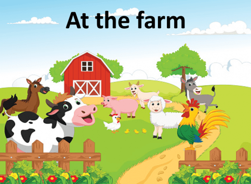 Ilustración colorida de escenas de granja con un granero rojo, varios animales de granja, incluidas vacas, cerdos, cabras, ovejas, gallos y polluelos, con un telón de fondo de campos verdes y un cielo azul. El texto lee "En las granjas" con Recurso de clase: Animales y frutas.