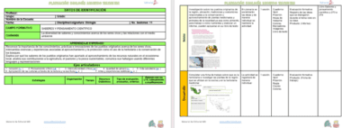 Dos páginas alineadas de un documento de planificación académica detallado y codificado por colores en español. La página izquierda describe la información del curso, incluidos los objetivos y el contenido de Planeación Biología NEM (Nueva Escuela Mexicana) 2° Trimestre. La página derecha muestra una cuadrícula de actividades, recursos y métodos de evaluación. Los iconos y logotipos están presentes.