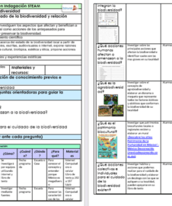 Un diagrama educativo detallado en español describe un plan de aprendizaje basado en proyectos (ABP) centrado en fomentar el cuidado de la biodiversidad a través de la interacción con la naturaleza. Con aspectos de biología, incluye actividades, materiales, recursos, cronogramas y objetivos dentro de un formato estructurado de dos páginas. El producto al que se refiere es Planeación Biología NEM (Nueva Escuela Mexicana) 2° Trimestre.