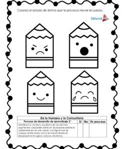 En el Cuadernillo de Trabajo A Movernos para Preescolar, cuatro personajes de dibujos animados muestran cada uno una emoción: enfadado (arriba a la izquierda), sorprendido (arriba a la derecha), triste (abajo a la izquierda) y feliz (abajo a la derecha). Sigue las instrucciones en español para colorear tu emoción.