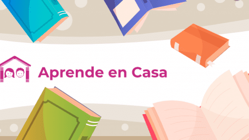 Ilustración colorida que promueve "Aprende en Casa" con Fichas o cuadernos de apoyo al programa aprende en casa 2 dispersos alrededor de un texto central e íconos de una escuela y una casa que insinúan el aprendizaje en casa.