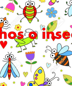 Colorida ilustración con varios insectos estilo dibujos animados como abejas, mariposas y mariquitas con flores, corazones y el texto "Planeación Didáctica Proyecto 'Los Insectos'" sobre fondo blanco.