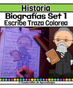 Un niño traza y escribe un texto sobre la Constitución mexicana de 1917 en una hoja de trabajo. Junto a la hoja de trabajo hay una caricatura de un hombre mayor con traje y gafas que sostiene un libro sobre la Constitución.