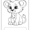 Página para colorear en blanco y negro de un simpático león bebé sentado, con una línea en blanco debajo para escribir un nombre o pie de foto.