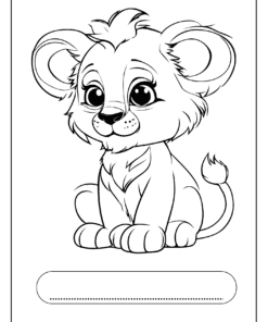 Página para colorear en blanco y negro de un simpático león bebé sentado, con una línea en blanco debajo para escribir un nombre o pie de foto.