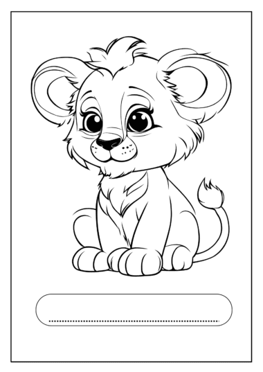 Página para colorear en blanco y negro de un simpático león bebé sentado, con una línea en blanco debajo para escribir un nombre o pie de foto.