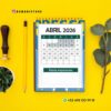 Agenda docente preescolar ciclo 2025-2026 monster blue 11 Un calendario en espiral abierto hasta abril de 2026 descansa sobre una superficie amarilla junto a un lápiz amarillo, una suculenta verde, un sello de madera y una ramita de hojas. Debajo del calendario hay escrito