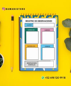 Una colorida hoja de registro de observaciones en español en un cuaderno de espiral, colocada sobre un fondo amarillo con un lápiz, una pequeña planta y la información de contacto de Damadistore y un número de WhatsApp visibles.