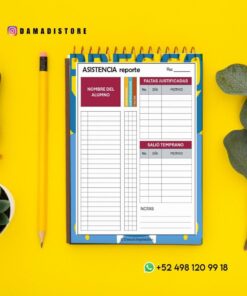 Un colorido cuaderno de control de asistencia con secciones para el nombre del alumno, ausencias justificadas, salidas anticipadas y notas. Un lápiz amarillo, una planta verde y un sello de lacre negro se disponen sobre un fondo amarillo brillante.