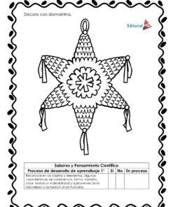 Página para colorear en blanco y negro de una piñata de cinco puntas con borlas del Cuadernillo de Trabajo Las Piñatas para Preescolar, que presenta un borde ondulado, una tabla de progreso del aprendizaje y una indicación para decorar con purpurina.